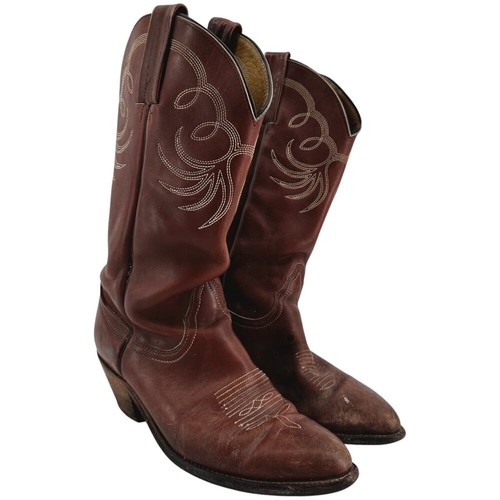Vintage Frye Cowboy Boots Leather Calf USA Stitched Western Heel Brown 9.5EE